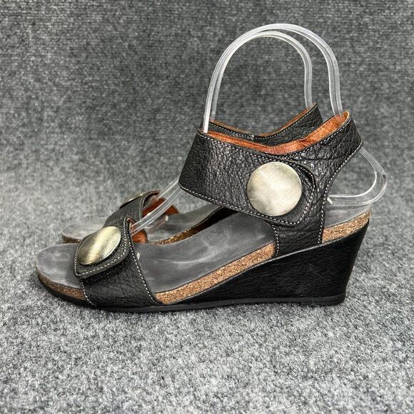 Taos Carousel Sandals Women's 6.5 Black Leather Comfort Wedge Hook Loop Strap - Picture 4 of 12